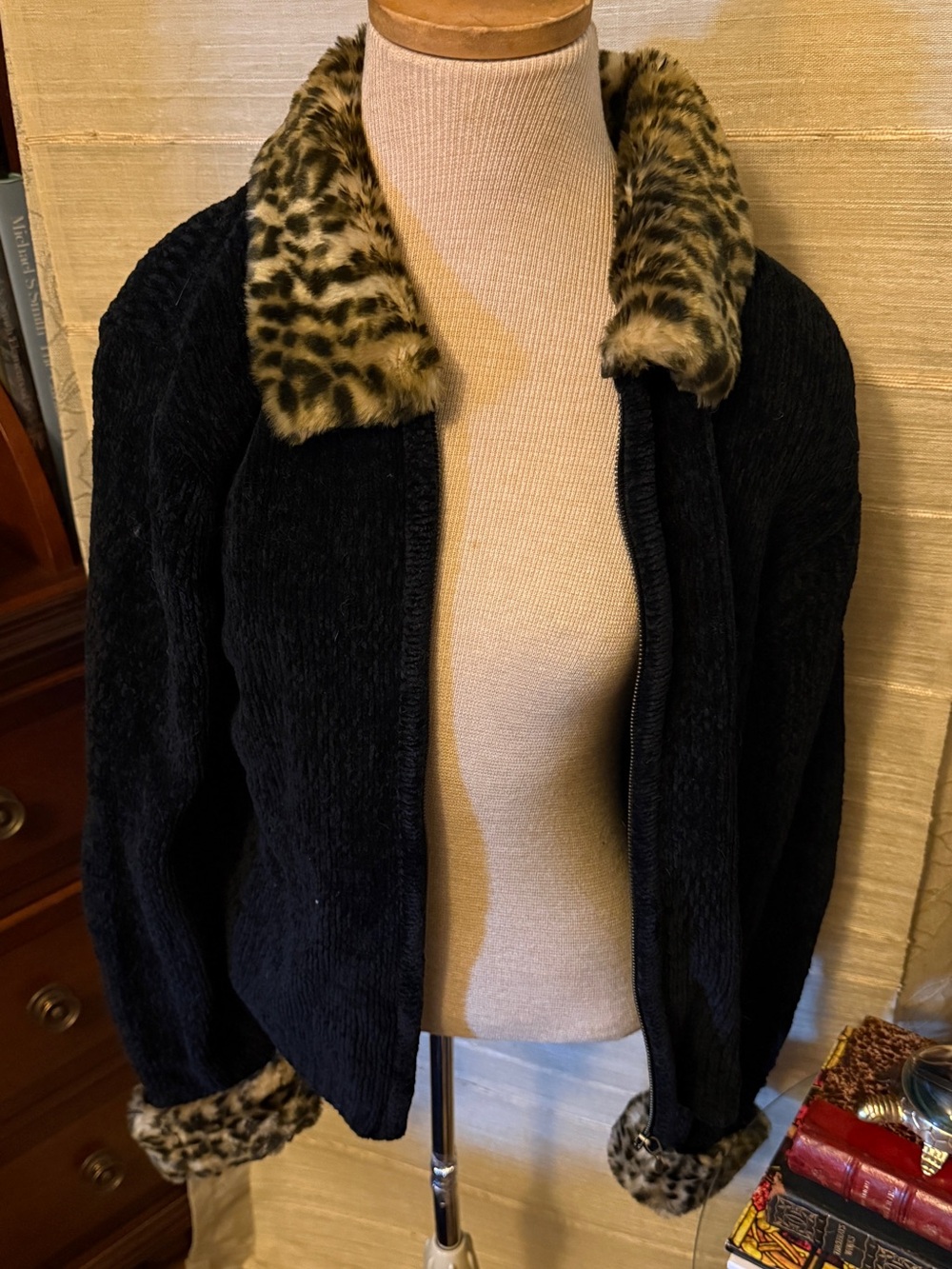 Black Teddy Jacket with Leopard-Print Faux Fur Trim
